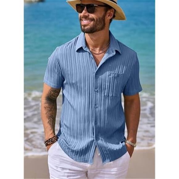 Men Button Down Short Sleeve Shirts Blue - Picture 1 of 7